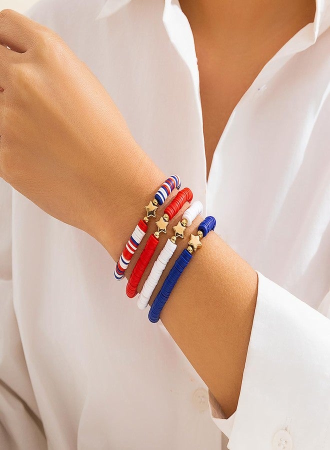 SCRDPRAD 4Pcs 4th of July Bracelets for Women Independence Day USA American Flag Star Red White Blue Patriotic Bracelets Polymer Clay Stretch Heishi Surfer Bracelets Holiday Jewelry-B - Image 4